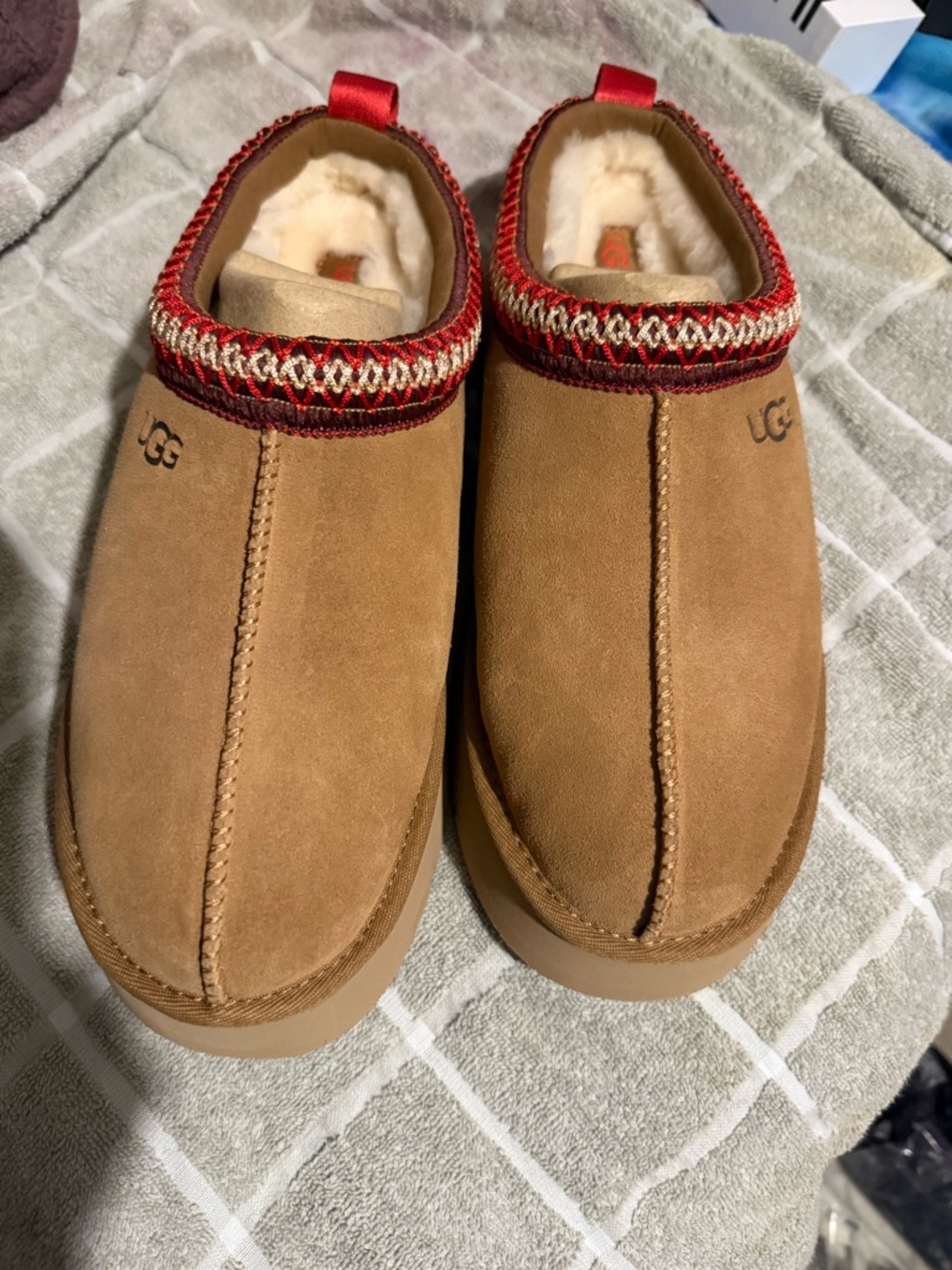 UGG Chestnut Suede Shearling-Lined Clogs with Red Trim